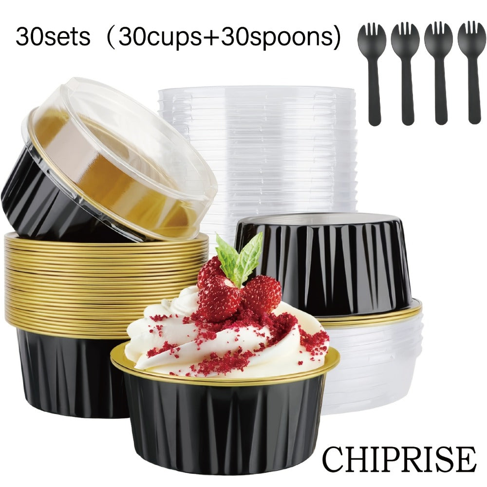 Aluminum Foil Baking Cups with Lids, Disposable Cupcake Molds with Spoons, Foil Dessert Cups for Pudding Muffins Mousse
