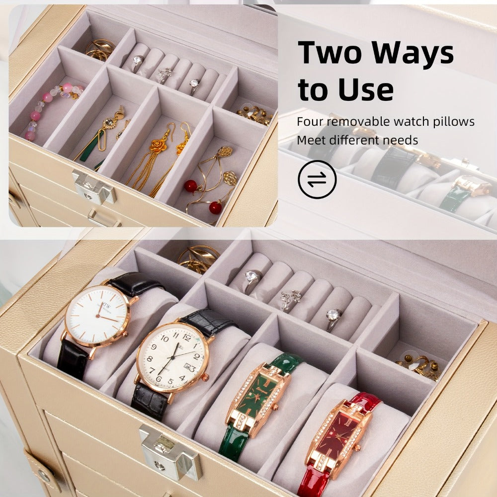 Jewelry Box, Five-Tier PU-Leather Organizer with Built-In Mirror, Key Lock and Three Color Options