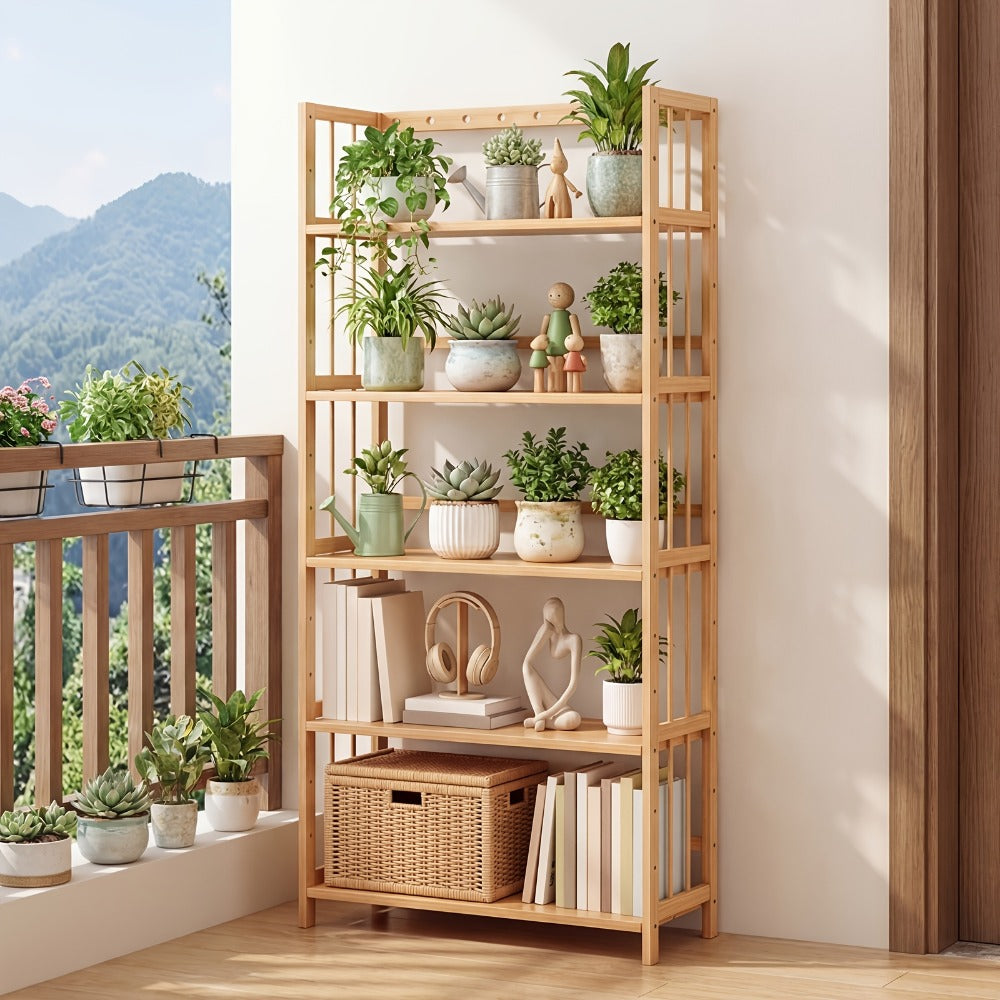 Bamboo Bookshelf Narrow 4 Tier Adjustable Shelves Wooden Bookcase Storage Shelf Organizer for Entryways, Bedrooms and Living Spaces