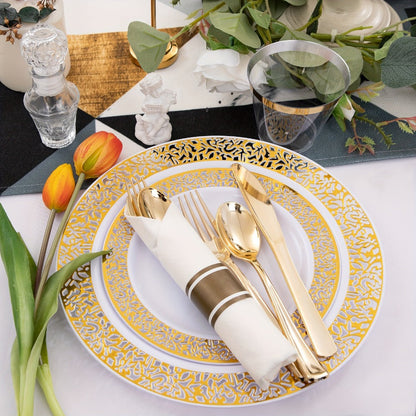 Gold Disposable Dinnerware Set for 50 Guests 350pcs, Includes Dinner Plates, Dessert Plates, 9oz Cups with Gold Rim