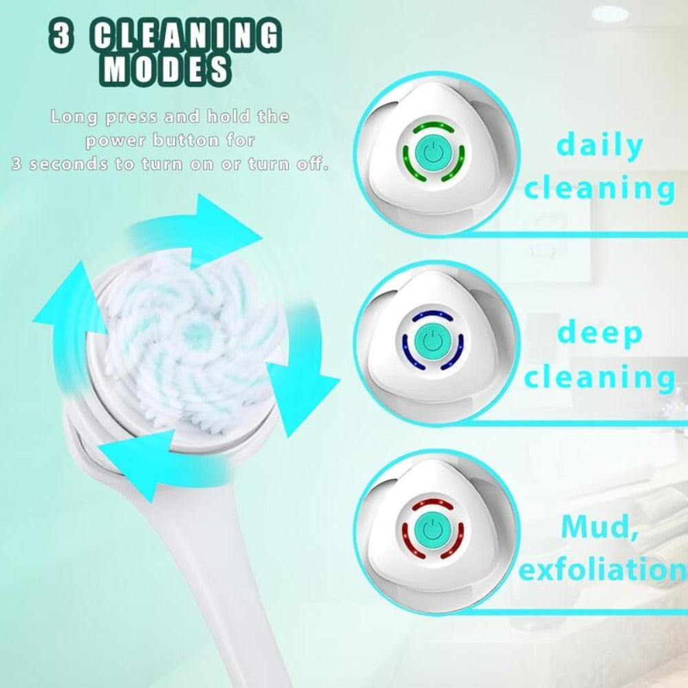 Electric Body Scrubber Brush 5-in-1 Rotating Shower Exfoliator with Long Handle - Bristle Bath Brush for Back Face & Full Body
