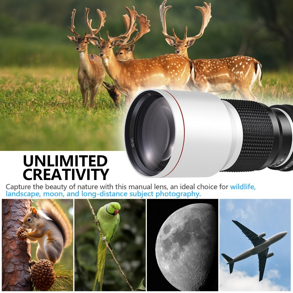 500mm F/8 Manual Focus Telephoto Lens for Canon EF & Nikon F Mount DSLR Cameras – T-Mount Zoom Lens with Adapters
