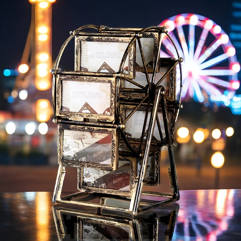 Rotating Ferris Wheel Photo Frame - Holds 8 Photos 4 inch - Vintage Spinning Picture Display Stand for Desk