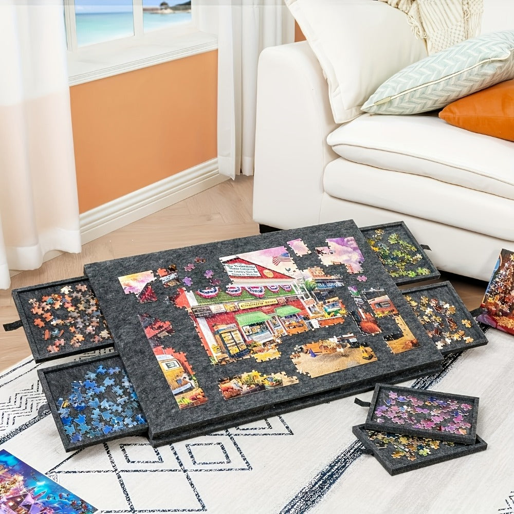 Felt Jigsaw Puzzle Board with 6 Storage Drawers, Portable Puzzle Table Adjustable Tilt Stand, 2-in-1 Cover