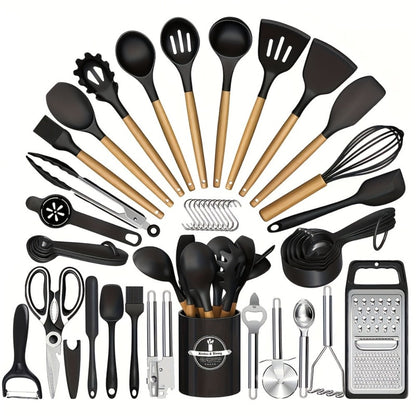 Silicone Kitchen Utensils Set 45pcs, Cooking Utensils for Nonstick Cookware, Stainless Steel Handle Spatulas