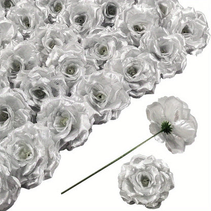 Artificial Rose Heads with Stems, 50-Piece Silk-Labeled Set in Champagne, Silver, Pink, Wine Red, Blue or Orange