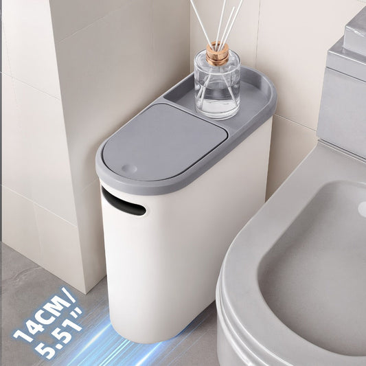 Slim 10L Bathroom Wastebasket with Lid Tray, Built-In Side Handles and Single or Two-Piece Options