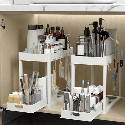 Under Sink Storage Organizer 2-Piece Double-Tier Sliding Basket with 8 Hooks in Four Color Styles