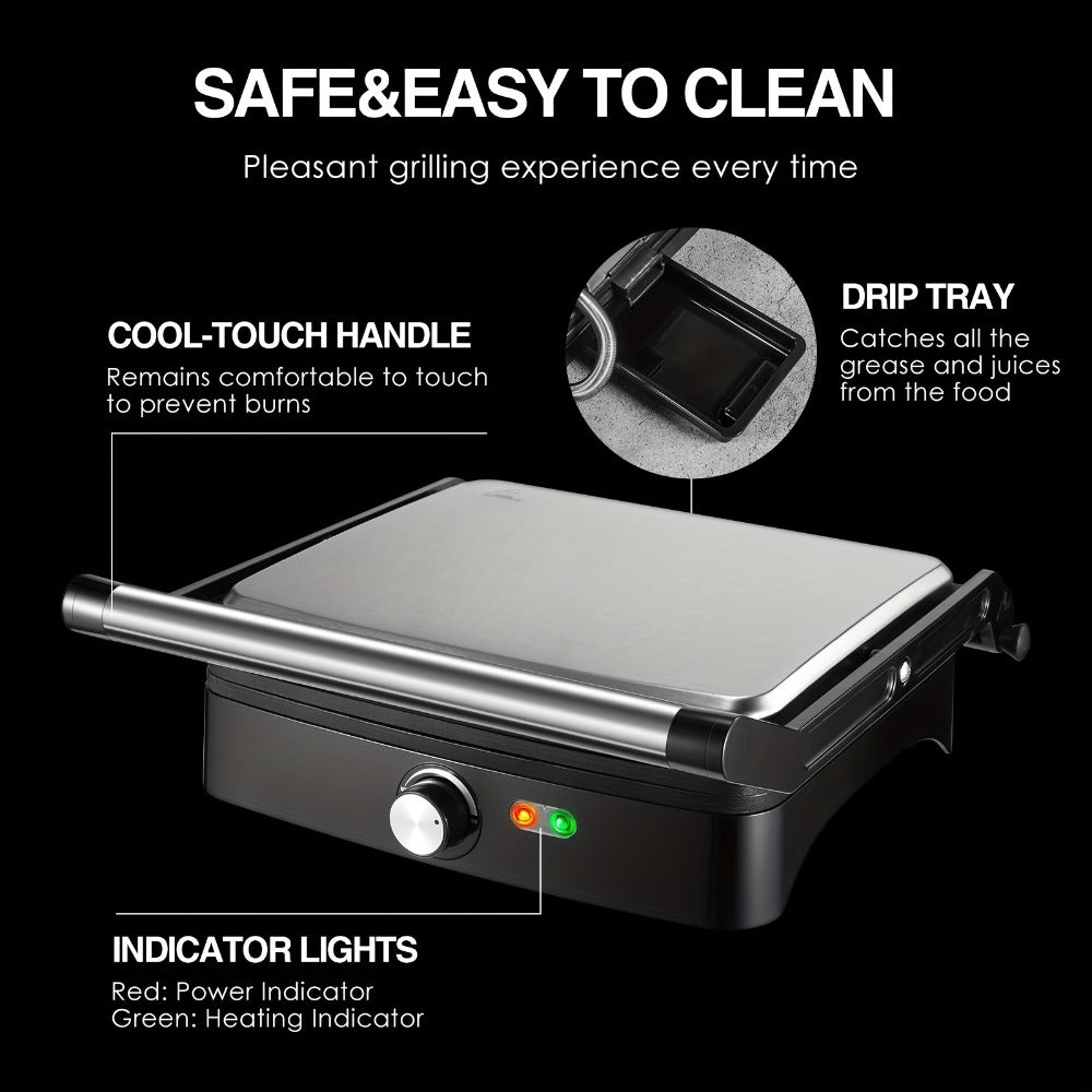 Panini Press Sandwich Maker 1200W, 4-Slice Non-Stick Grill with 180° Opening Adjustable Temperature 120-428°F & Removable Drip Tray