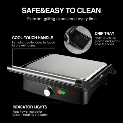 Panini Press Sandwich Maker 1200W, 4-Slice Non-Stick Grill with 180° Opening Adjustable Temperature 120-428°F & Removable Drip Tray