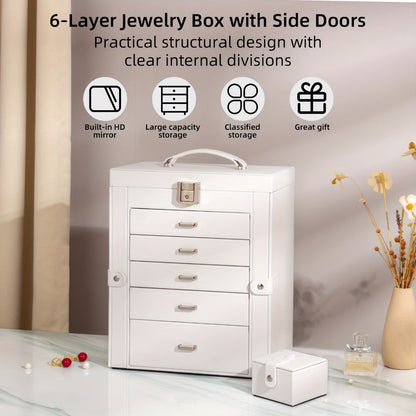 Jewelry Organizer 6-Tier Brown Storage Box with 5 Drawers, Built-In Mirror and Key-Lock Closure