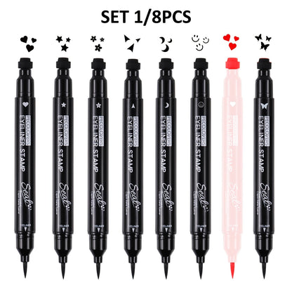 Winged Eyeliner Stamp Pen Set Double-Ended 8 Wing Styles Waterproof Quick-Dry Liquid Liner, for Makeup, Travel and Everyday Vanity Use