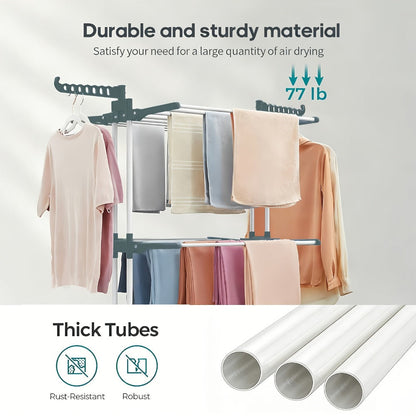 Clothes Drying Rack 4-Tier Foldable Metal Laundry Rack with Rolling Casters, Holds 30+ Garments, Adjustable Shelf Heights