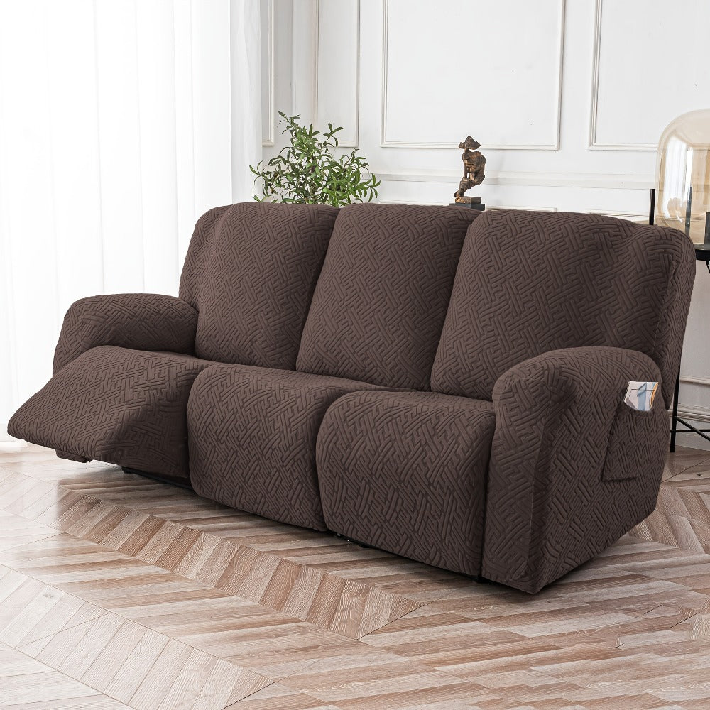 Slipcover Set, Eight-Piece Jacquard Stretch Cover for Three-Seat Recliner with Side Pocket in Nine Colors