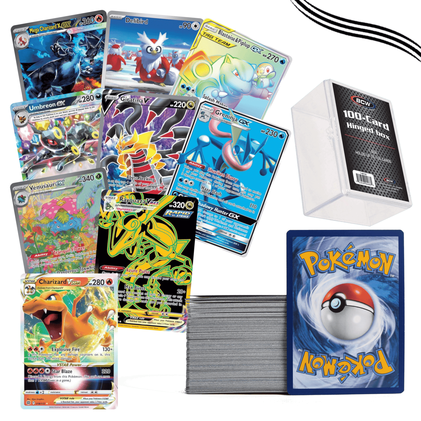Trading Card Game 100-Plus Character Card Assortment with Plastic Deck Box and Mixed Artwork