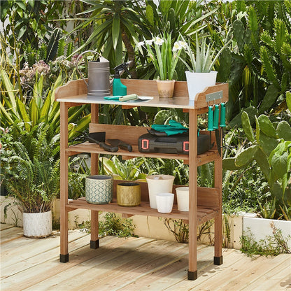 Rolling Potting Bench 3-Tier Wooden Garden Workstation Waist-High Galvanized Metal Top Lockable Casters for Garden, Patio and Yard Use