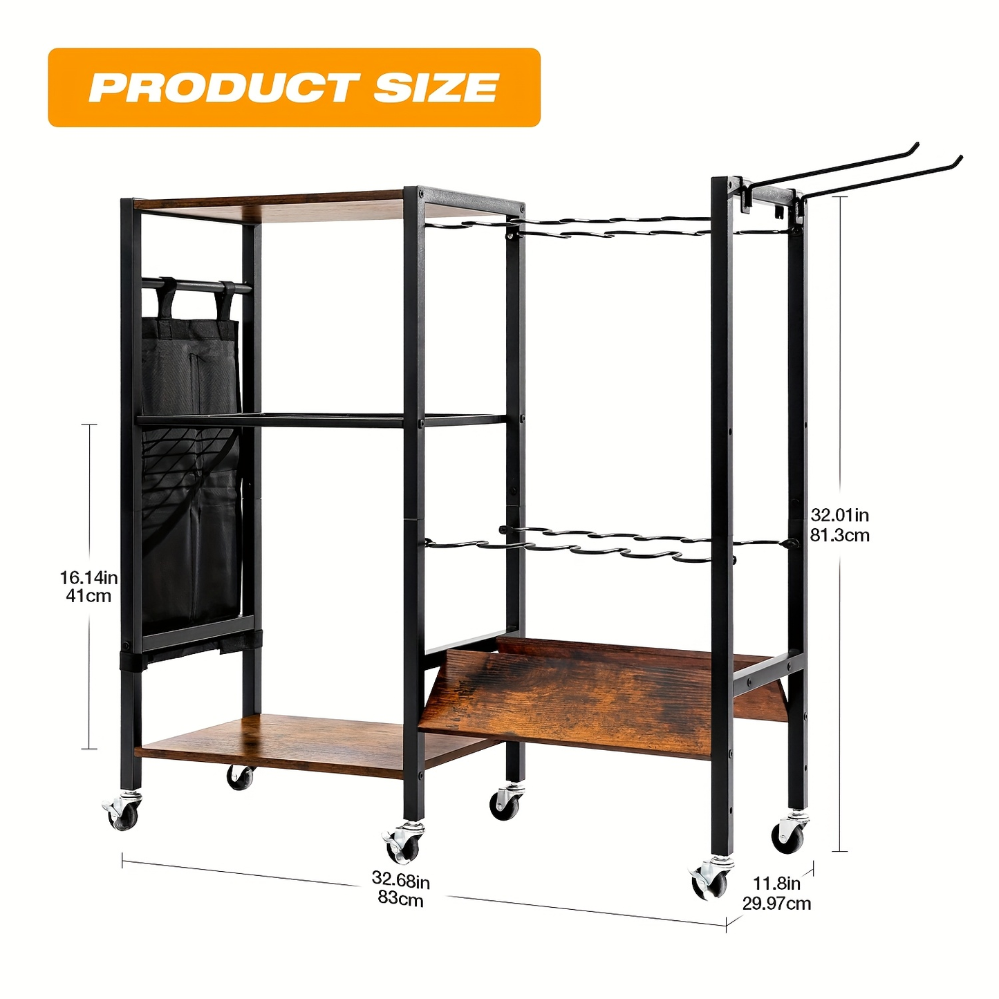 Fishing Rod Holder Rack Rotating Tackle Storage Cart Iron Wood Holds 10 to 12 Rods Garage Fishing Pole Organizer with Wheels Fishing Gear