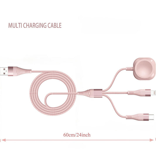 24-Inch Pink Braided Charging Cable with USB-A Input, Lightning, USB-C and Magnetic Watch Pad
