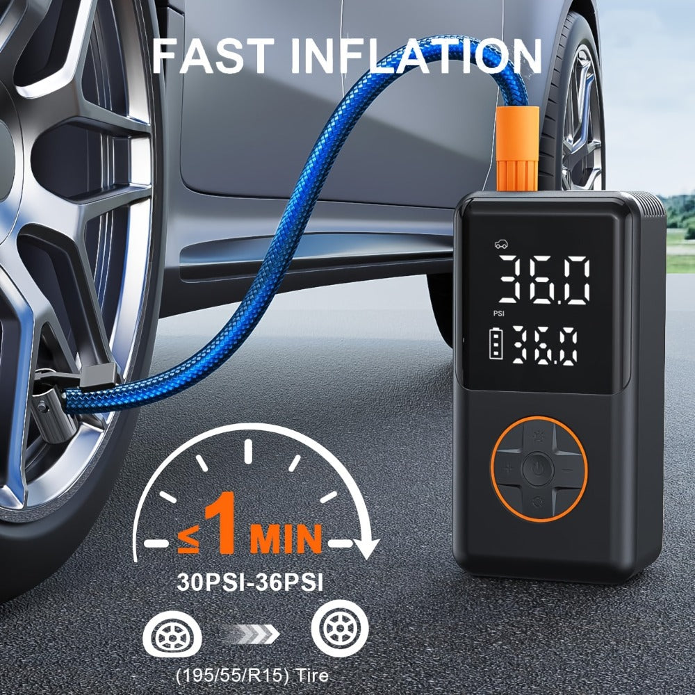 Compact Cordless Tire Inflator with Digital LCD Screen, Blue Air Hose and Pictured Valve Adapters