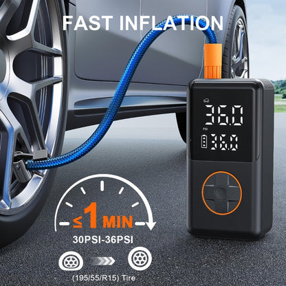 Compact Cordless Tire Inflator with Digital LCD Screen, Blue Air Hose and Pictured Valve Adapters