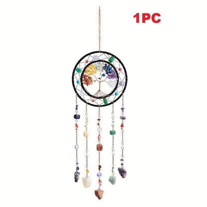Crystal Wind Chime Suncatcher with Life Tree Pendant - Handmade Bohemian Shattered Stone for Entryways, Bedrooms and Living Spaces