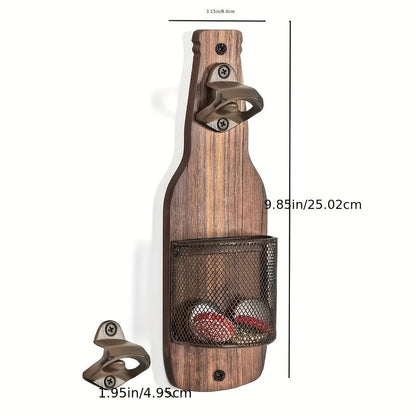 Wooden Bottle Opener Wall Mounted with Metal Cap Catcher – Handcrafted Rustic Beer Opener, Freestanding or Wall Mount, Holiday Gift for Men
