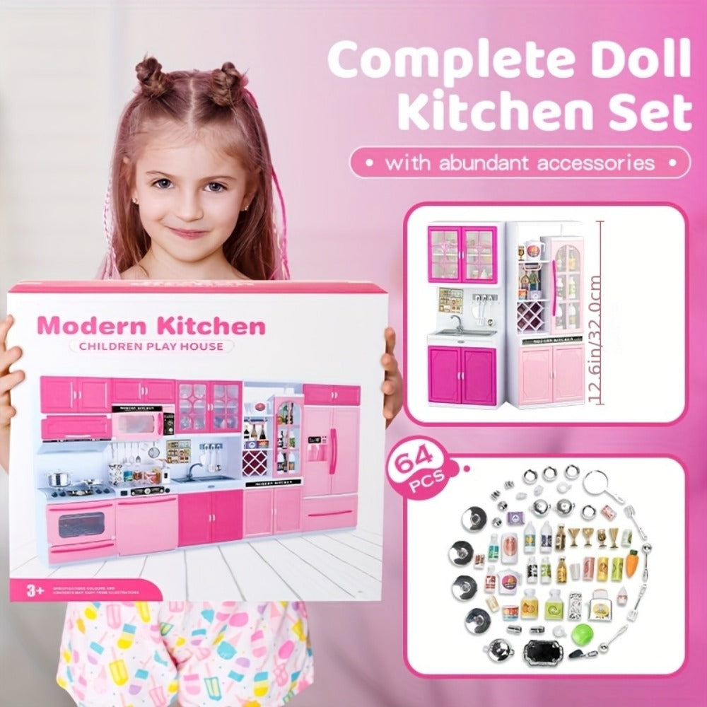 Pink Kitchen Toy Set 64pcs with Lights & Sounds, Mini Furniture Doll Playset for Girls, Pretend Play Kitchen Accessories