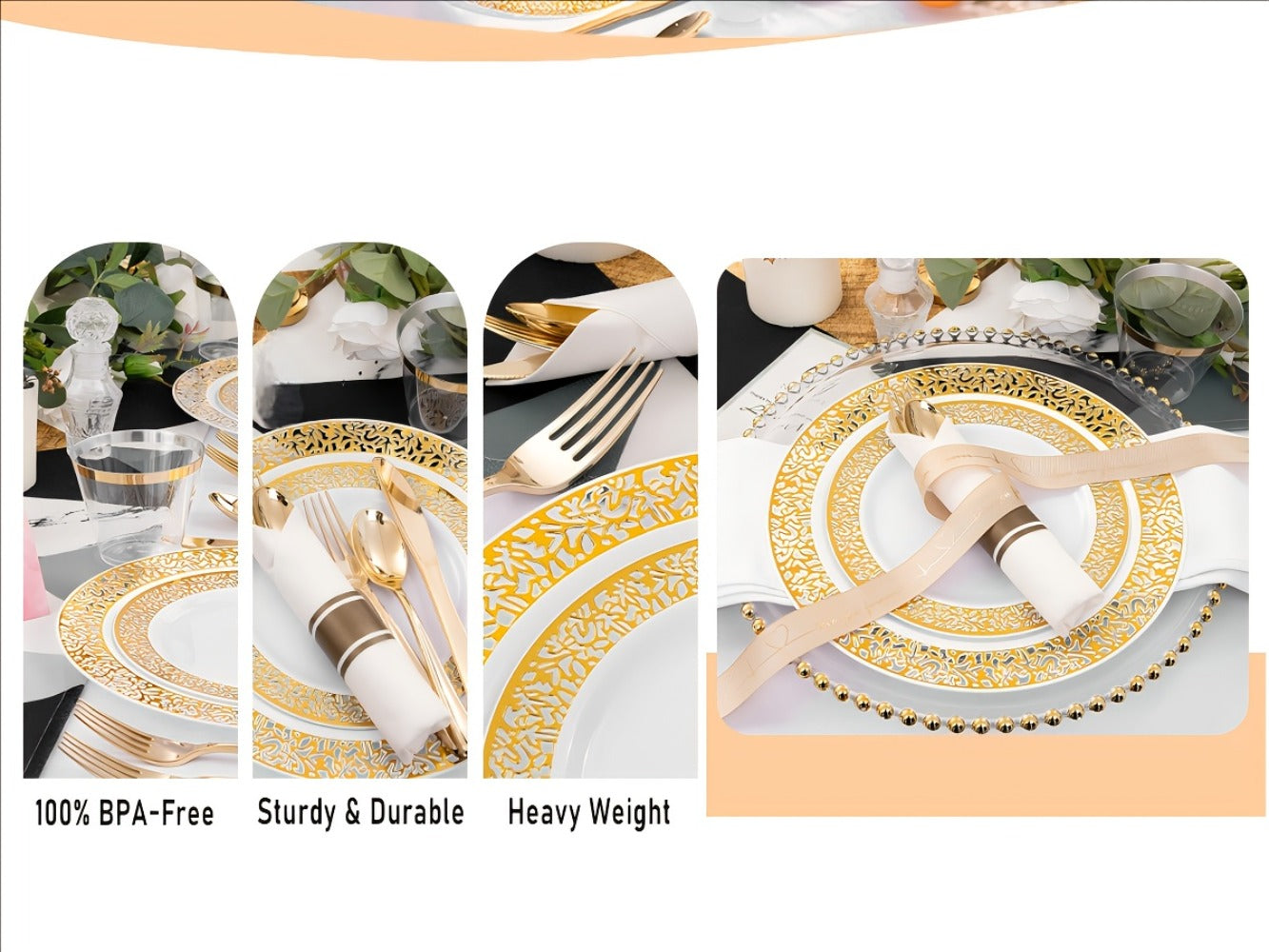 Gold Disposable Dinnerware Set for 50 Guests 350pcs, Includes Dinner Plates, Dessert Plates, 9oz Cups with Gold Rim