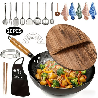 Carbon Steel Wok Set with Lid and 14-Piece Accessory Kit, 12.6 Inch Stir-Fry Pan with Spatula, Brush, Ring and Utensils