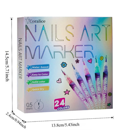 Nail Art Pens 24-Color Water-Based Marker Set with 0.5mm Fine Tips in a Boxed Multicolor Tray