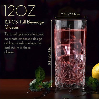 Highball Glasses Set of 12 – 12oz Crystal Clear Vintage Textured Tall Drinking Glasses, Dishwasher Safe Designer Glassware for Cocktail
