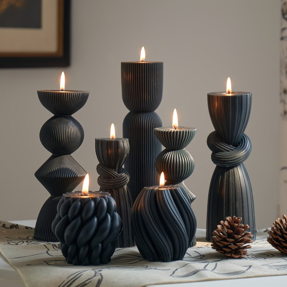 Ribbed Pillar Candles 7-Pack Large Soy Wax, Handmade Aesthetic Pillar Candle Set for Home Decor, Wedding Centerpiece
