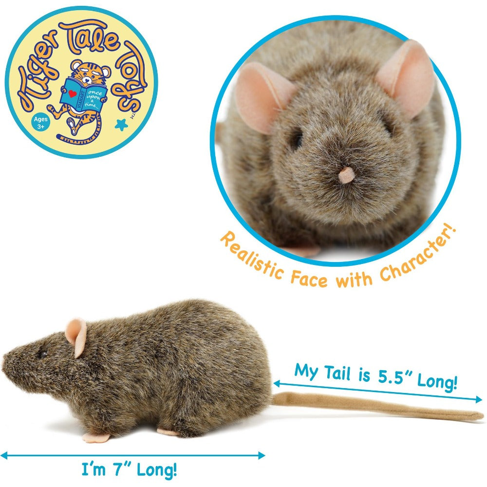 Plush Toy Reuben Realistic Brown Rat 7-Inch Stuffed Animal with Story Card for Character Display, Room Decor and Gift Presentation