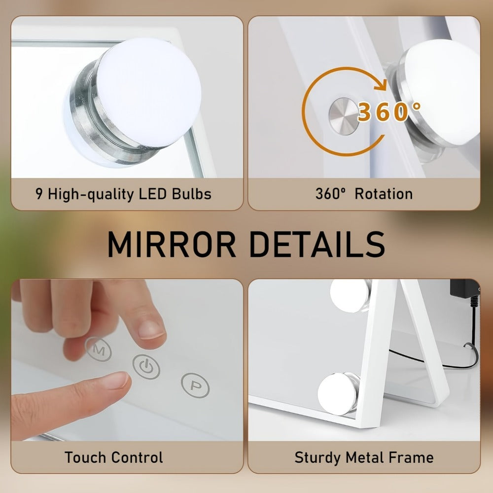 Makeup Mirror with Nine Bulb-Style LEDs, Three Light Colors, Touch Memory, 360° Rotation and Optional 5X Mirror