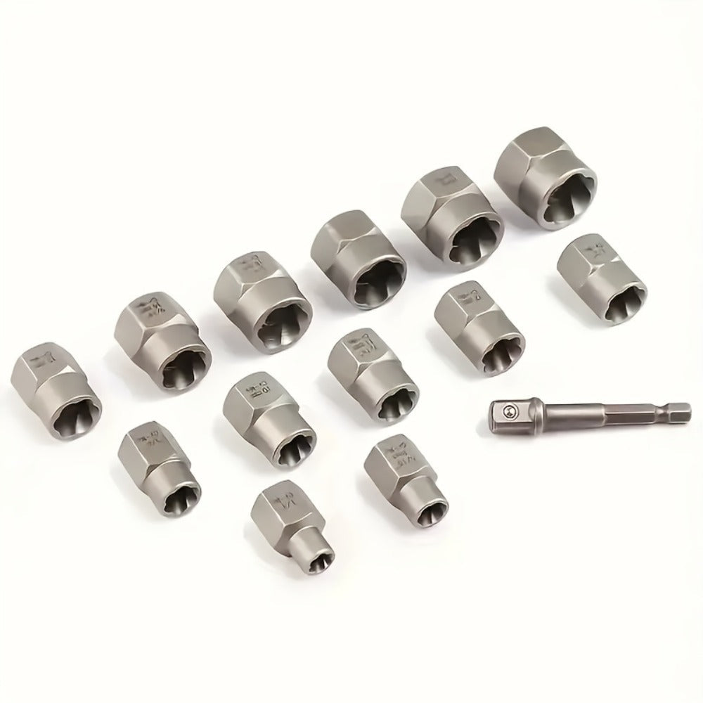Nut Extractor Kit 14pcs, Damaged Bolt & Nut Remover Set with 13 Stripped Nut Extractors & 1 Hex Socket Adapter