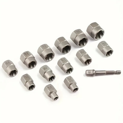Nut Extractor Kit 14pcs, Damaged Bolt & Nut Remover Set with 13 Stripped Nut Extractors & 1 Hex Socket Adapter