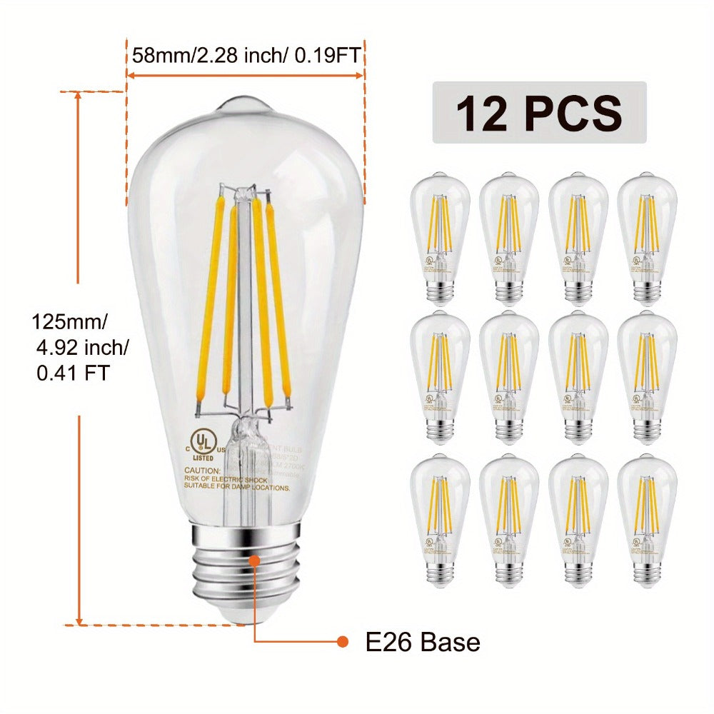 ST58 Vintage Edison LED Filament Bulb 8W 2700K Warm White Dimmable – 60W Equivalent E26 Base Clear Glass Antique Style for Chandelier