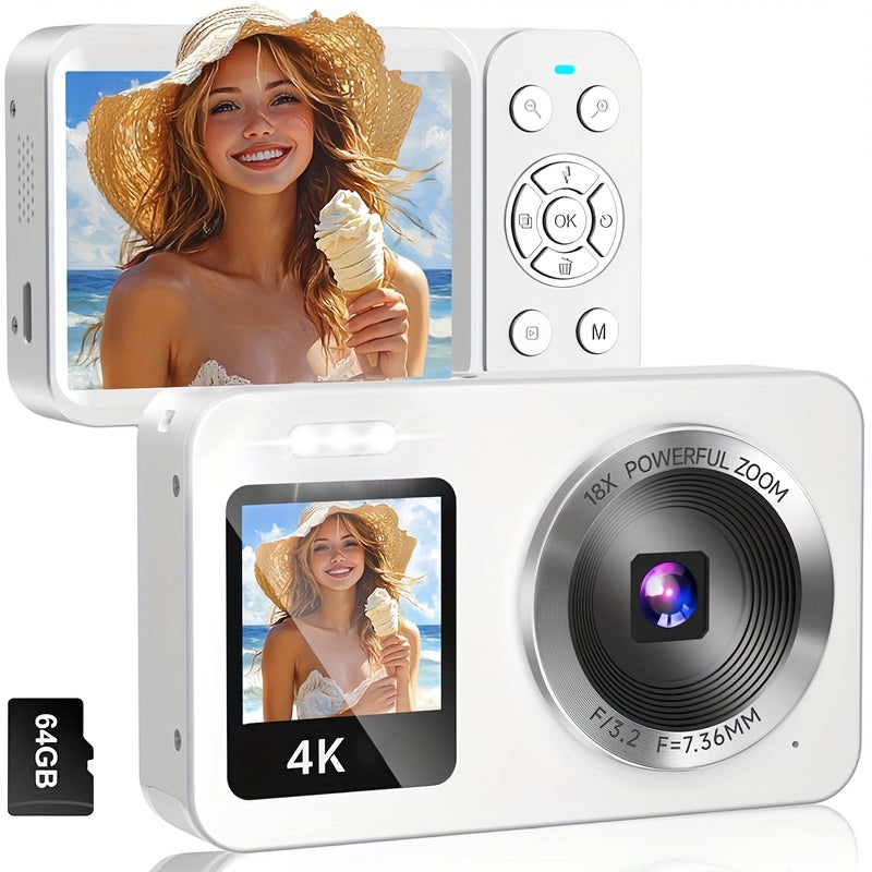 4K Dual Screen Digital Camera 18X Zoom Vlogging Camera with Anti-Shake 64GB Card & 2 Batteries