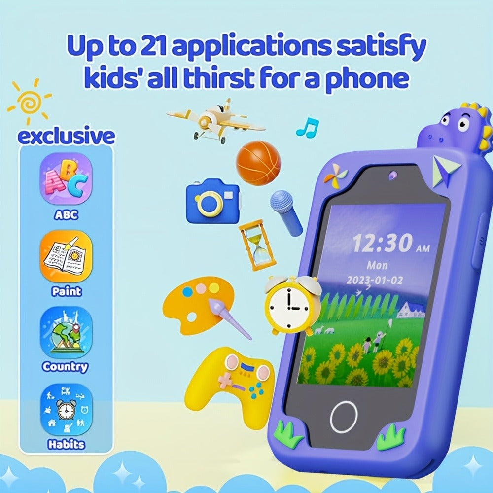 Kids Dinosaur Toy Phone with 8GB, HD Touchscreen & Dual Camera, Educational Travel Toy Cell Phone for Boys & Girls