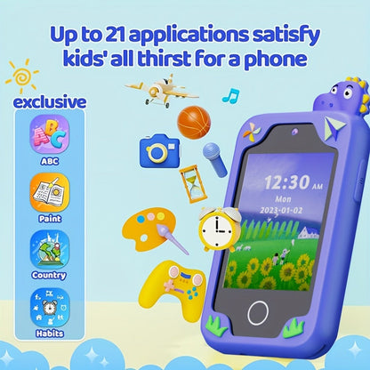 Kids Dinosaur Toy Phone with 8GB, HD Touchscreen & Dual Camera, Educational Travel Toy Cell Phone for Boys & Girls
