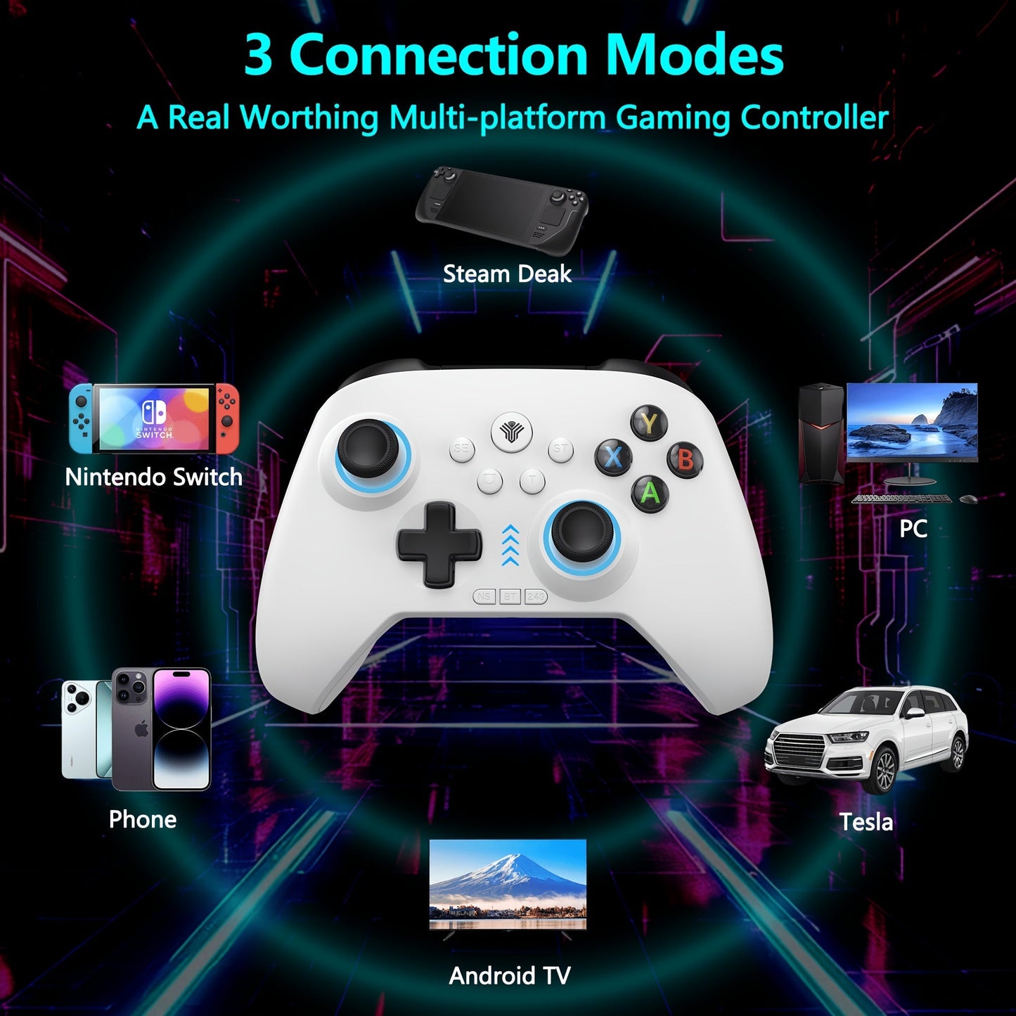 Three-Mode Wireless PC Controller with RGB Lighting, Hall Effect Joystick & Trigger, Programmable Buttons & Vibration for Windows PC