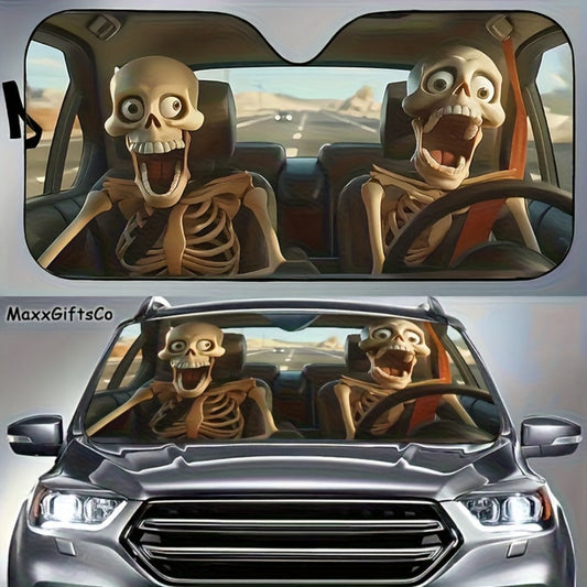 Car Windshield Sunshade Skull Pattern UV Blocking – Front Window Sun Shade with 4 Suction Cups Universal Fit Keeps Car Cool Skeleton Design