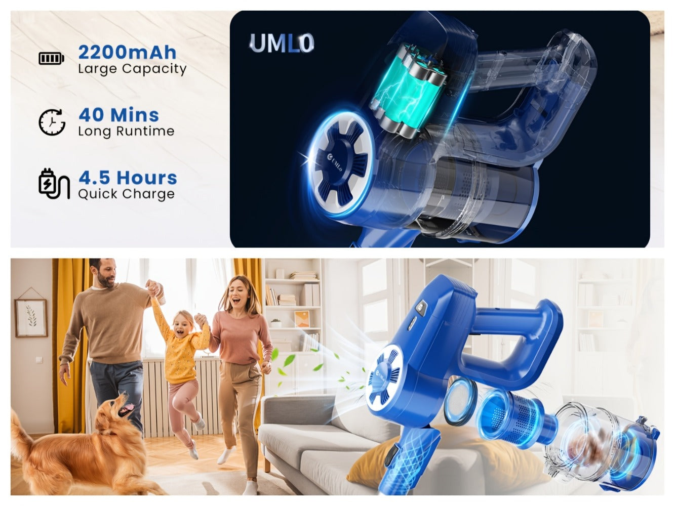 Cordless Vacuum Cleaner Stick Vacuum, MAX 70Kpa Suction, 45-Min Runtime, Anti-Tangle, 50.72oz Dust Cup