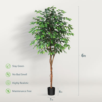 Artificial Ficus Tree with Braided Trunk, Full Green Canopy, Black Pot and 4, 5 or 6 ft Height Options
