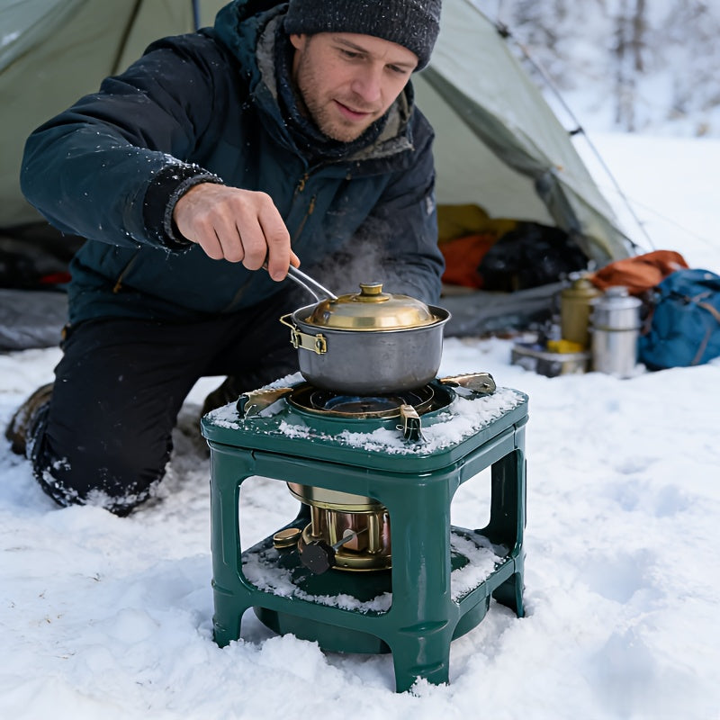 Military Green Kerosene Camping Stove with Pot Supports and Adjustable Wick Control, 740g Outdoor-Only Cooking Unit