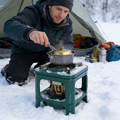 Military Green Kerosene Camping Stove with Pot Supports and Adjustable Wick Control, 740g Outdoor-Only Cooking Unit