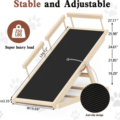Dog Ramp for Bed & Sofa – Foldable Wooden Pet Ramp with Safety Guards, Adjustable Height, Holds 250 lbs, Indoor Outdoor Dog Steps