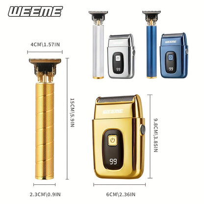 Hair Clipper WEEME Gold or Blue Three-Tool Grooming Set with LCD Display, USB Charging and Guide Combs