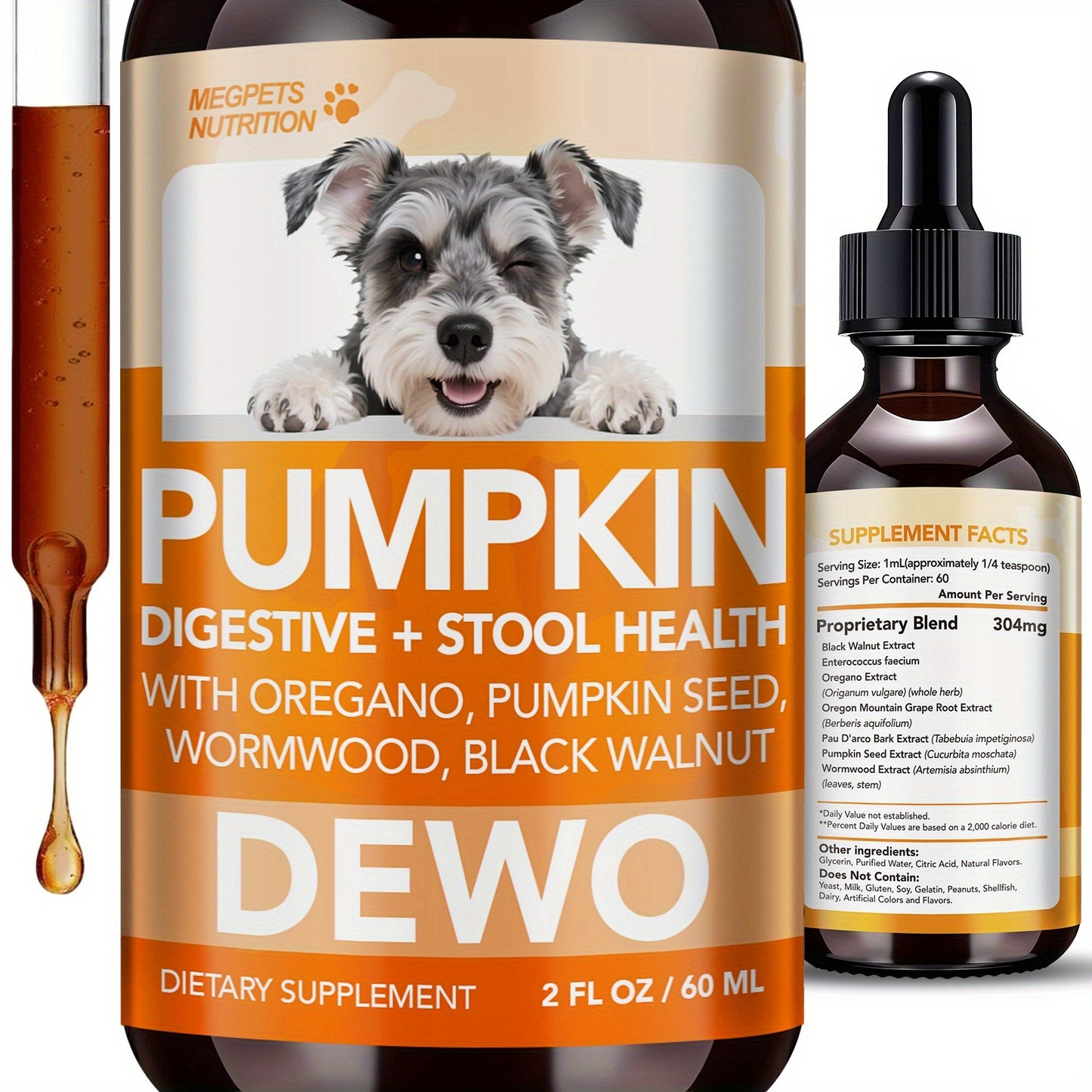 Pet Gut Wellness Drops with Black Walnut & Pumpkin Seed – Digestive Supplement for Dogs & Cats, Flora Balance