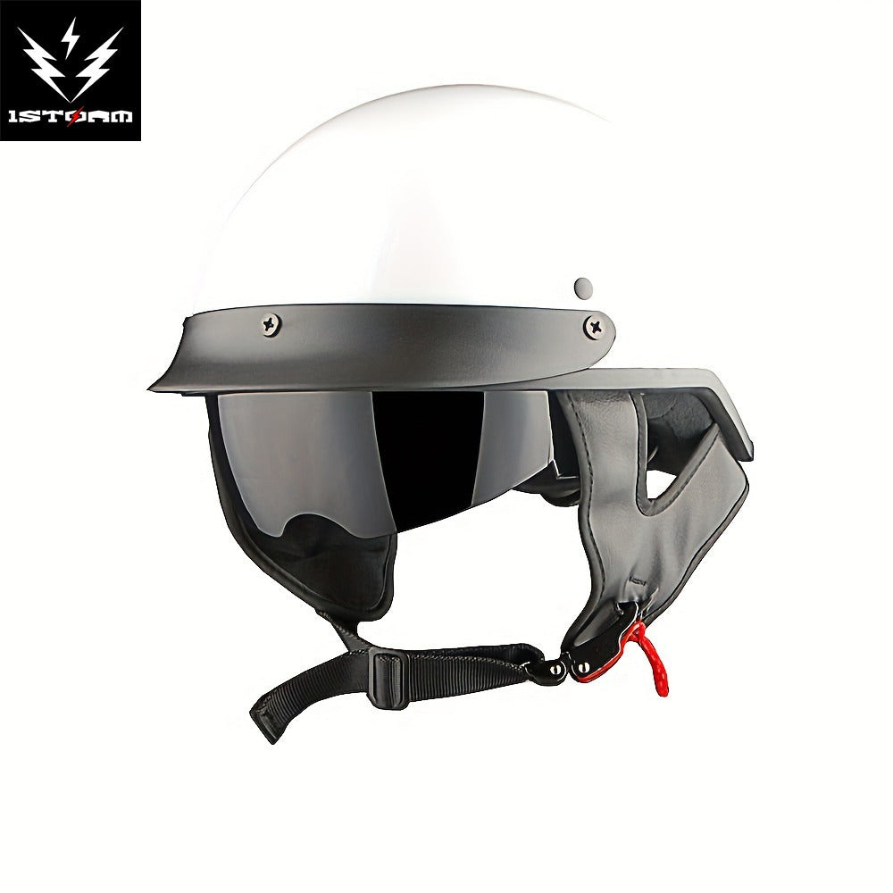Motorcycle Helmet 1STORM Half-Shell with Retractable Smoked Visor, Five Graphic Styles, S-XL Sizes and Quick-Release Strap
